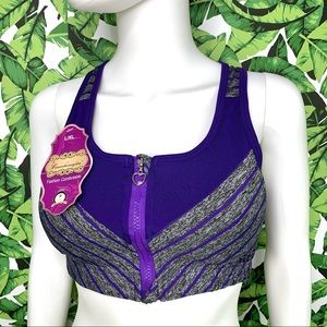 NWT! Lianshangku Sports Bra Women's Size L Purple Heart Charm Zipper Zip Front